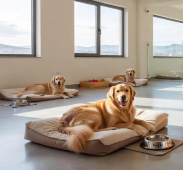 SOFTTEX tesislerinde konforlu bir alanda dinlenen ve oyun oynayan köpekler