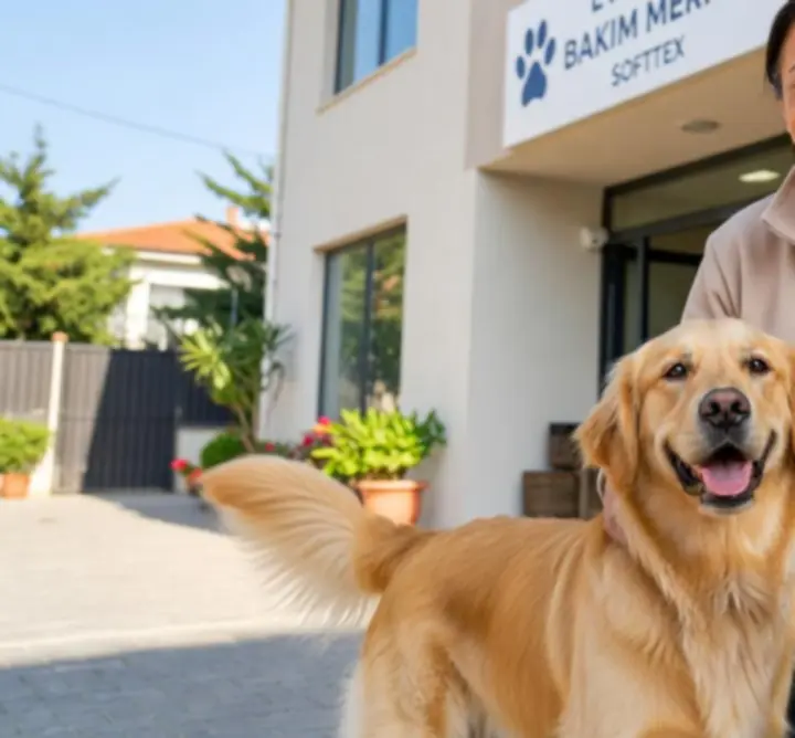 Mutlu müşterisi ve yanındaki neşeli köpekle poz veren bir SOFTTEX bakıcısı