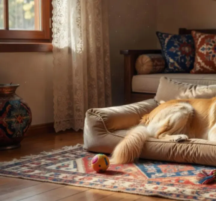 Ev konforunda köpek pansiyonunda dinlenen köpek