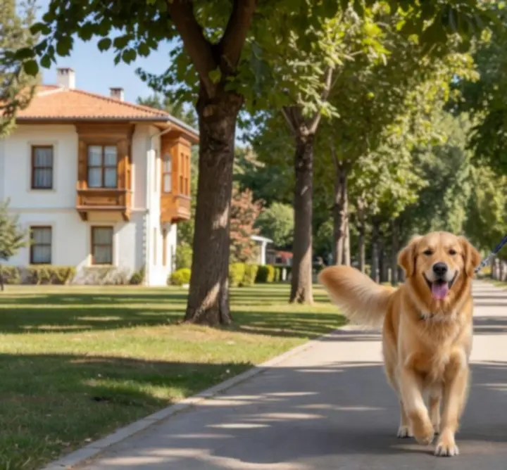 Şehir parkında köpek gezdiren profesyonel SOFTTEX görevlisi