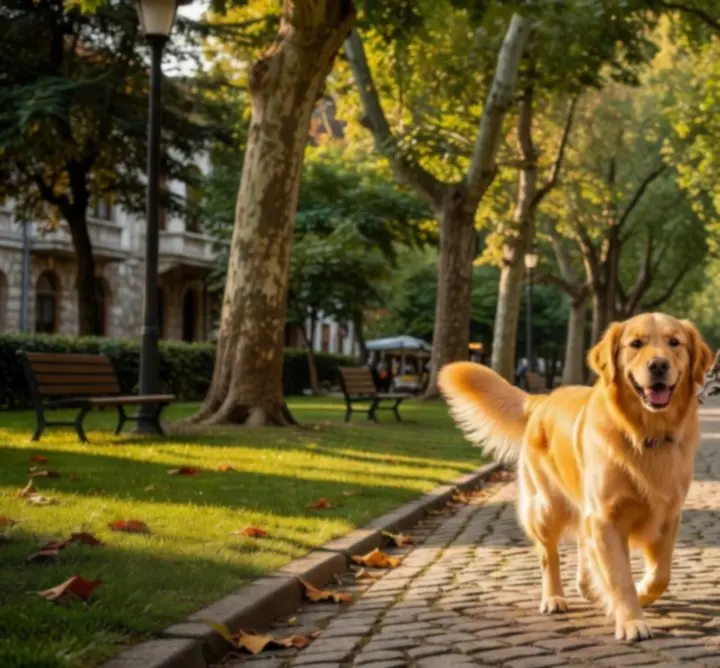 Parkta profesyonel bir bakıcıyla yürüyüş yapan mutlu bir köpek