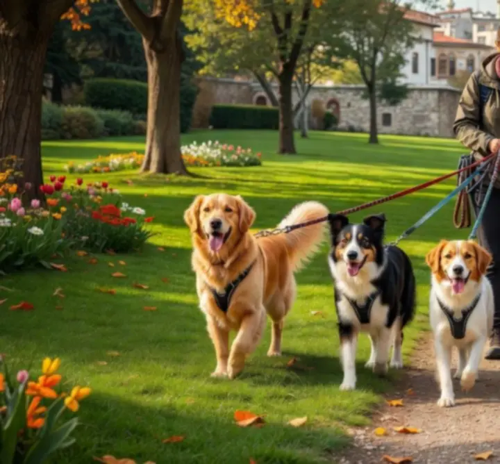 SOFTTEX ile birlikte açık havada yürüyüş yapan mutlu köpekler