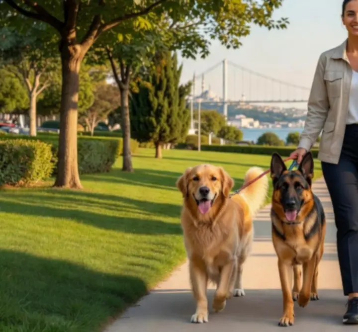İstanbul'da profesyonel bir köpek gezdiricisi ile yürüyüş yapan mutlu bir köpek