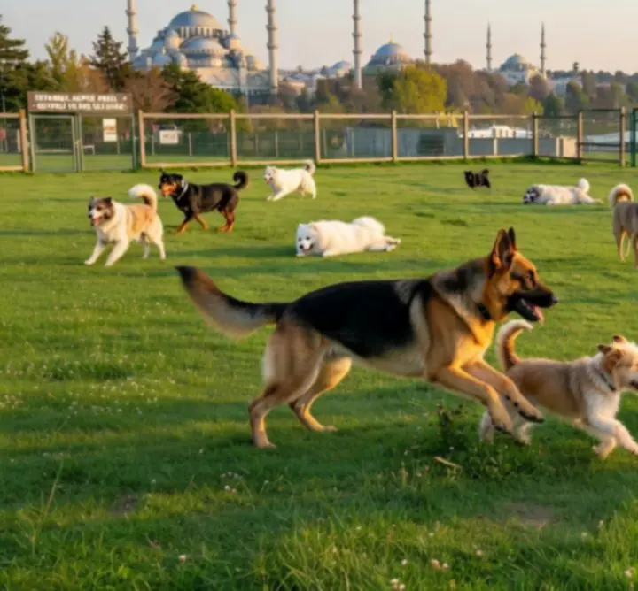 İstanbul'da geniş yeşil alanda serbestçe gezen köpekler