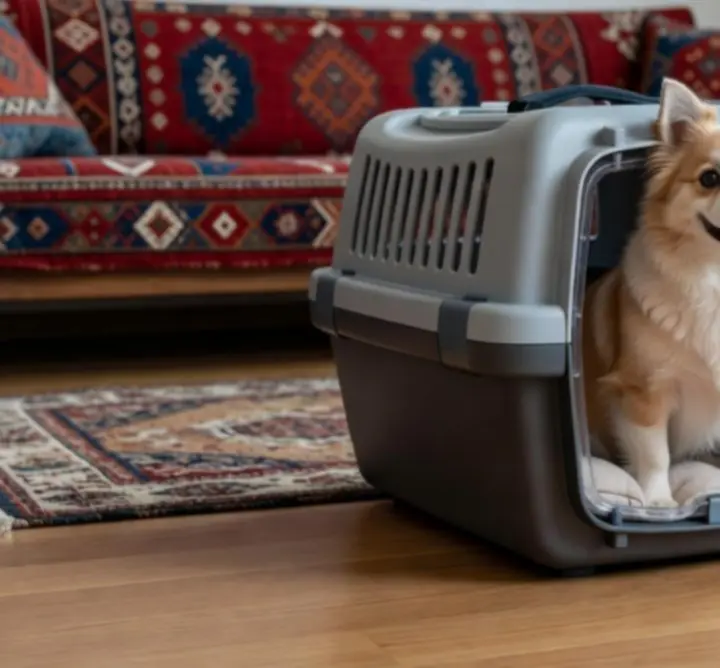 Arka koltukta güvenli taşıma çantasında yolculuk eden bir köpek