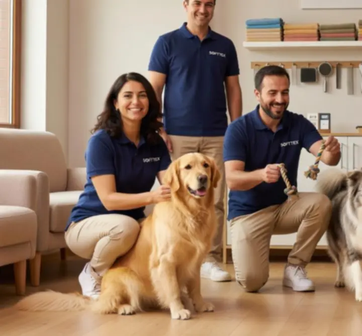 SOFTTEX ekibi, köpeklerle birlikte güler yüzlü bir şekilde poz veriyor