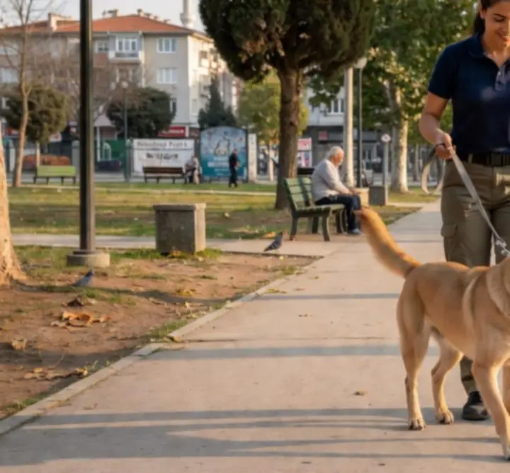 Profesyonel bir bakıcının doğru tasma tutuşu ve köpek yürüyüş tekniği gösterimi